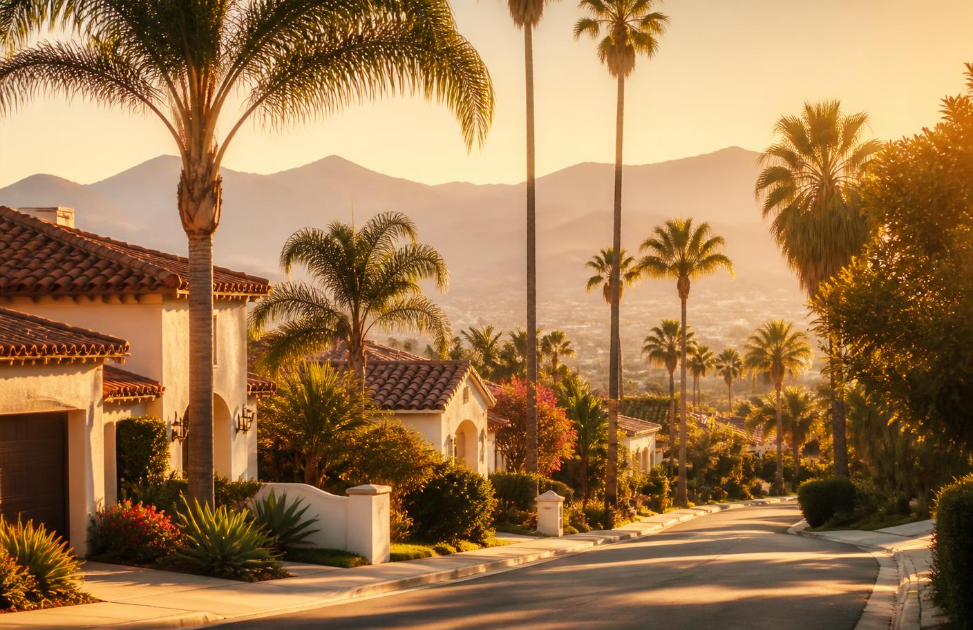 Sunlit Southern California neighborhood street with palm trees and mountain views